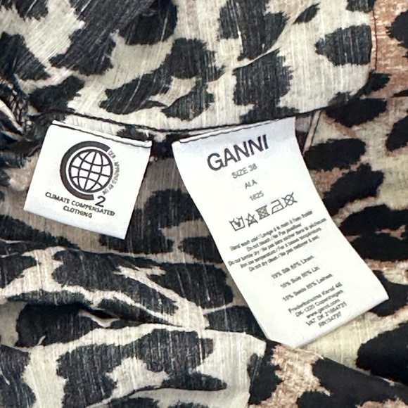 GANNI Cedar Tie Back Leopard Print Puff Sleeve Top Linen and Silk  SZ 38 - Picture 10 of 11